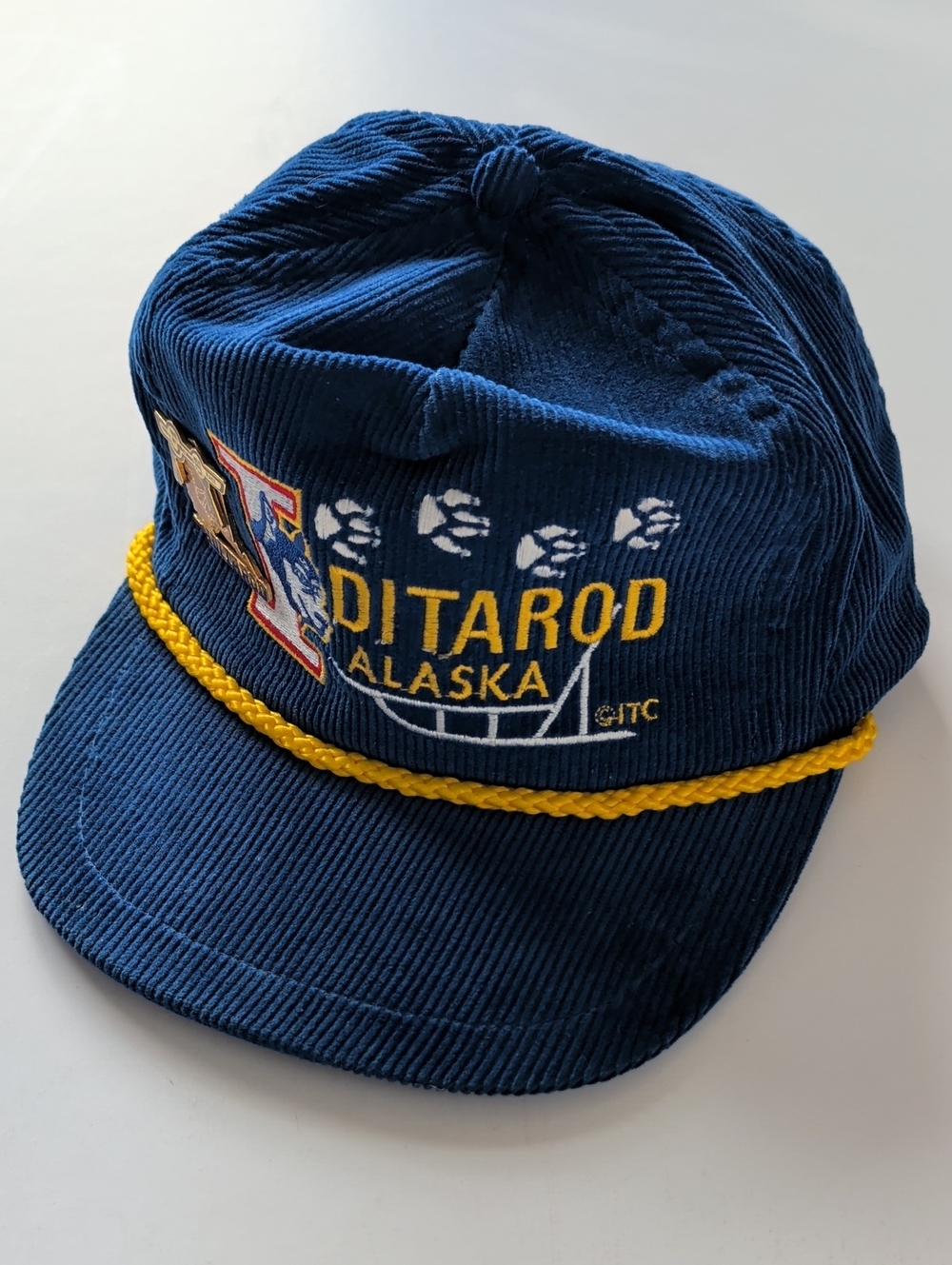 Vintage Iditarod Alaska Sled Dog Race Corduroy Rope Snapback Hat w/ Vintage Pin